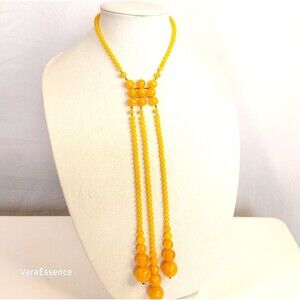 Vintage Lariat Necklace Dangle Tassels Yellow Lucite Plastic round beads 18"